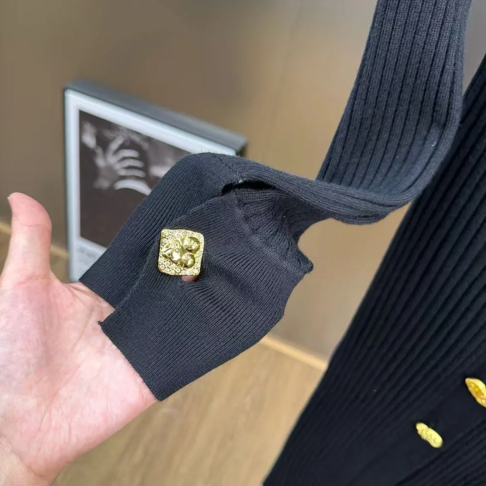 Vestidos largos de estilo Retro francés de CHICEVER para mujer con solapa de manga larga con botones de retazos Delgado elegante vestido de punto nuevo para mujer