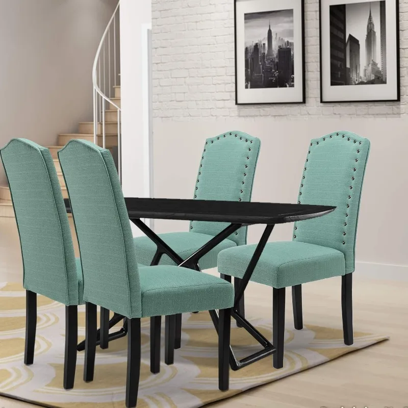 Dining Chairs Set of 4, High Back Fabric Upholstered Parsons Dining Room Chairs, Nail Head Trim Dining Chair, Teal