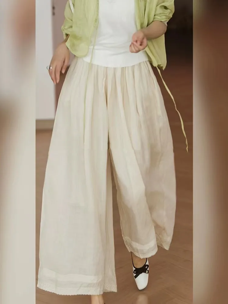ゆったりワイドレッグパンツ フリル裾 Dストリング ゴムウエスト キャンディーカラー 着痩せロングパンツ クオリナインポイントパンツ