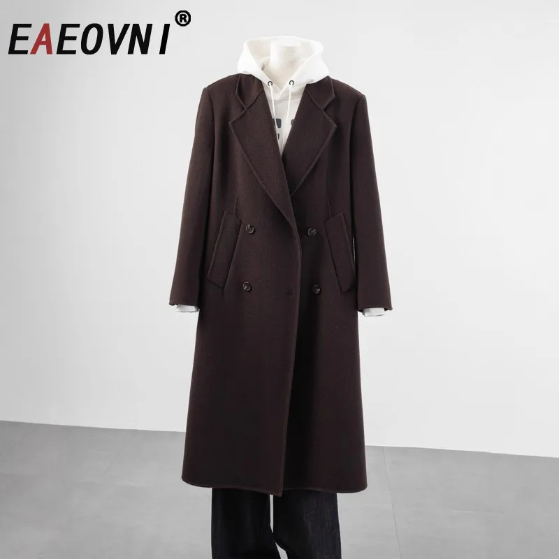

EAEOVNI Vintage Solid Woolen Long Coat Women Notched Collar Button Temperament Autumn Winter Jacket Elegant Clothing