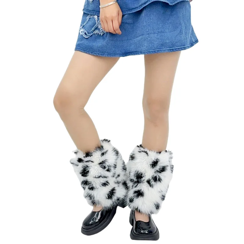 Jambières en fausse fourrure à motif léopard pour femmes, sous-culture, rayures zébrées, bottes en peluche Harajuku, mode, hiver