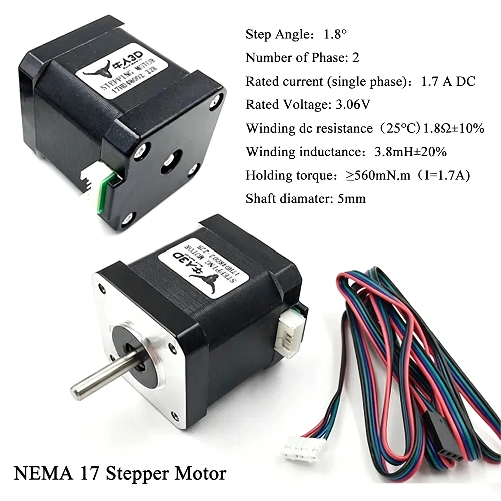 

Nema17 Stepper Motor 48mm Bipolar 2A 59Ncm 84oz in 4 Lead 17HS19 2004S1 High Torque for Cnc Laser 3D Printer Xyz Robot