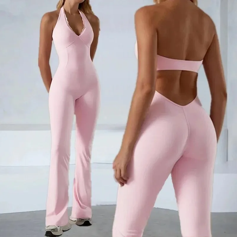

Halter Lace Bodysuit Women Yoga Set Tracksuits Fitness Sports Jumpsuit One-piece Suit Flared Pant Dry Workout Clothes