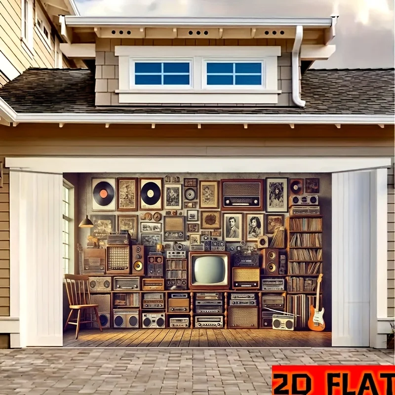 2D-Flachbanner, 1 Stück Retro-Haushaltsgeräte- und Fotohintergrundstoff, Schallplatte und Foto, Retro-Heimdekoration – Detail 3