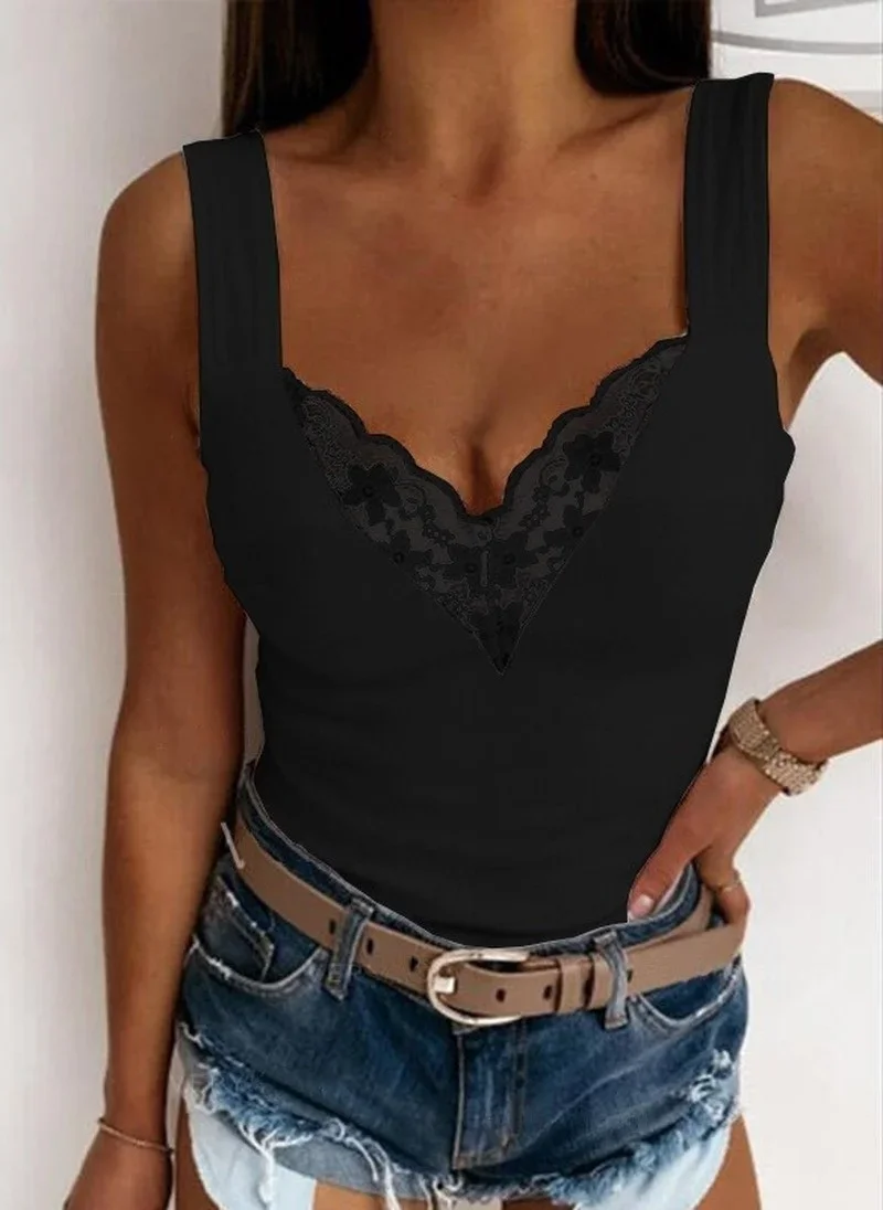 Women Summer Fashion V Neck Tank Casual Solid Color Lace Sleeveless Sexy Shirts Slim Tops