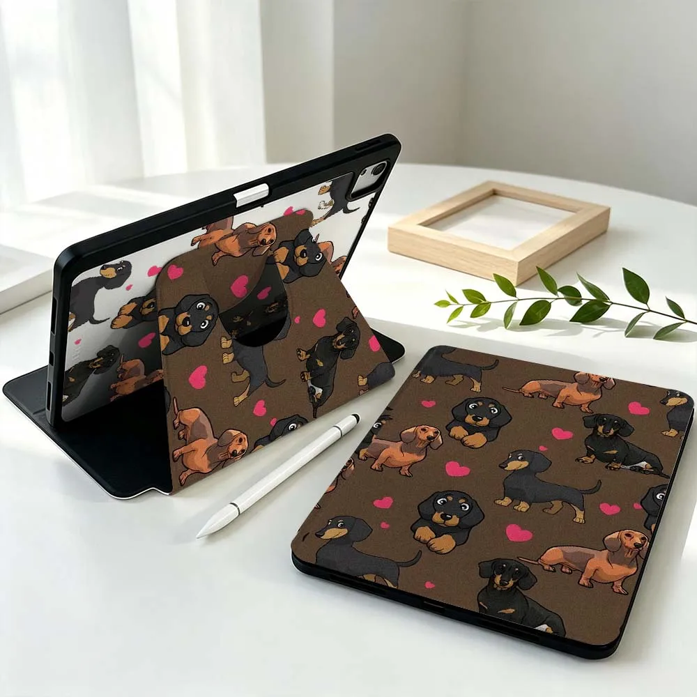 Cartoon Dachshund Heart For Samsung Galaxy Tab S11 S10 S9 S8 A11 FE Plus Ultra 360° Rotation Stylus Storage Tablet Case