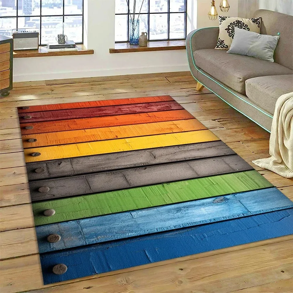 Rainbow Color Wood Plank Area Rug Vintage Colorful Wooden Board Rivet Print Non‑Slip Soft Living Room Bedroom Floor Carpet