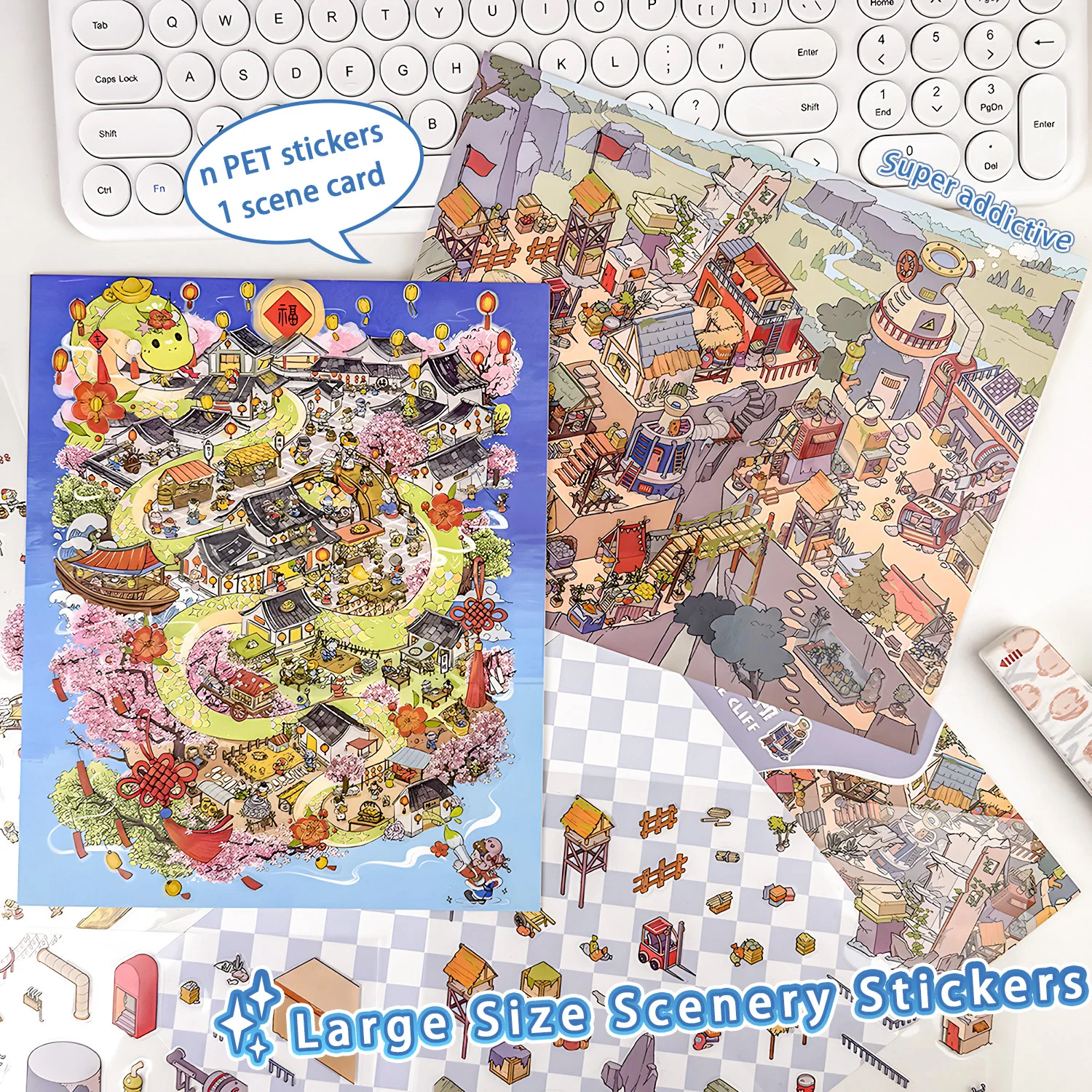 

35-piece set Kawaii The Hanging City 3D Lake Hut Landscape Sticker DIY Pocket Cabin Scene festival gift ﻿