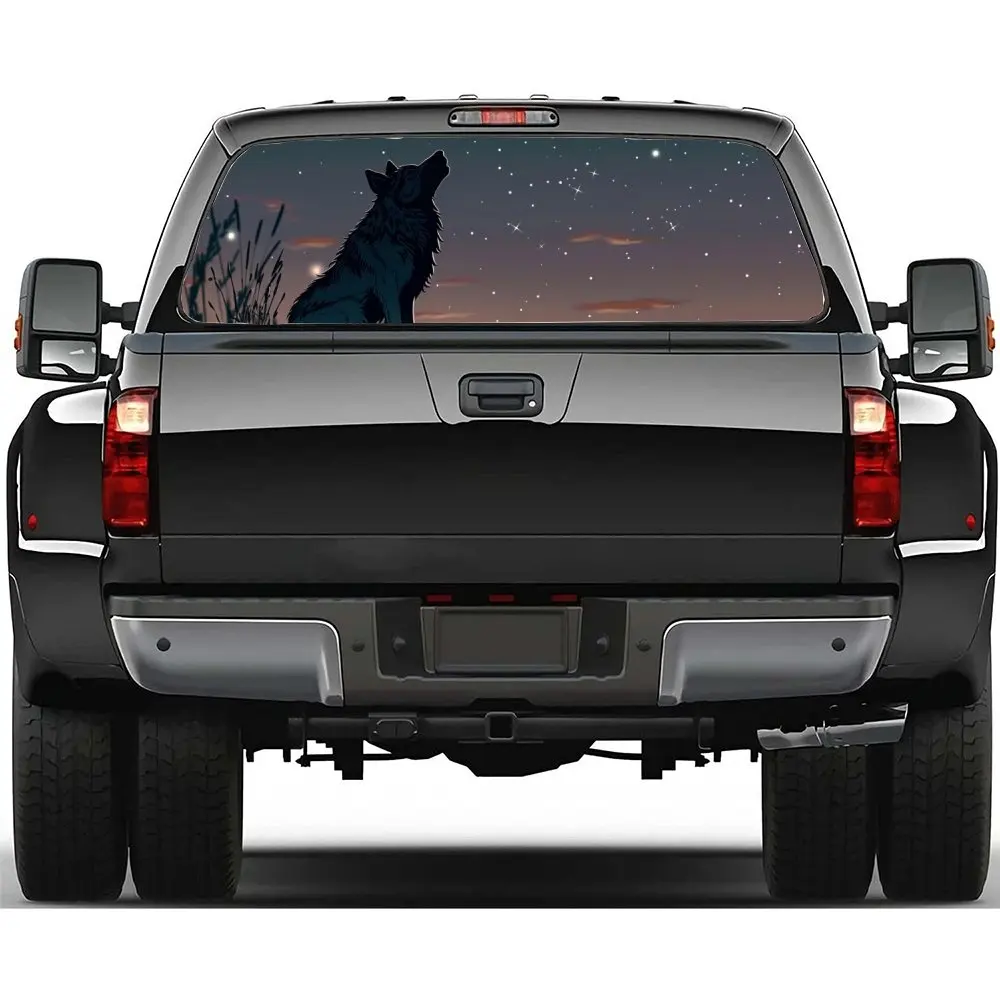

Wolf Thinking Under The Starry Sky Car Rear Windshield Sticker Truck Window See Through Perforated Back Window Vinyl Decal Decor