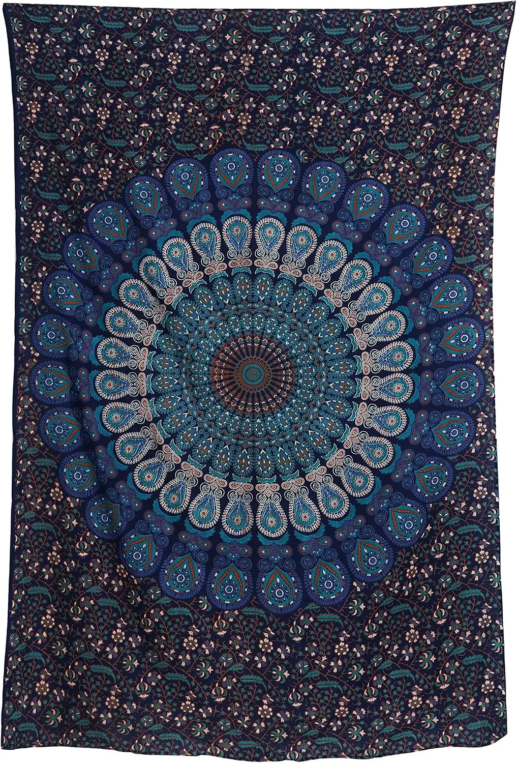 Handmade Hippie Bohemian Tapestry with Peacock Mandala for Wall Hanging, Beach Throws, Table Cloth, Blue Green 54x60 Inches view 4