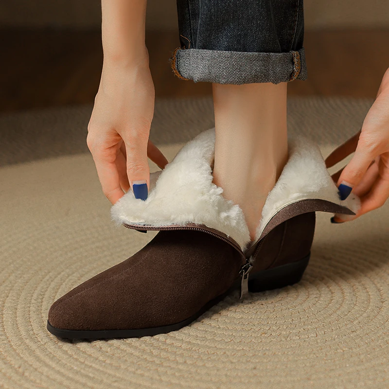 

Wool Warmth Short Boots Winter Basic Women Ankle Boots Genuine Leather Thick Heels Square Toe Mature New Arrival Boots Women