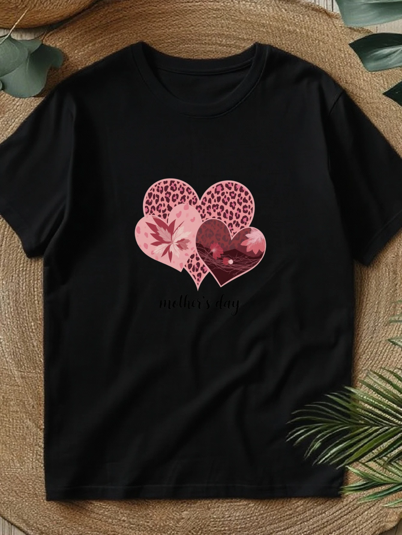 Cute Crop Top, Women's Round Neck T-Shirt, Spring and Summer Women's Clothing, Mother's Day Leopard Print Floral Heart Pattern, a Stylish and Casual Choice, Attitude T-Shirt, Local Delivery