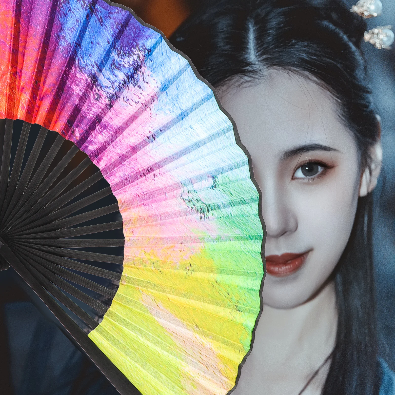 

1pcs Chinese Folding Fan Colorful Handheld Dance Fan For Party Performance Decorative Photo Prop Lightweight Portable Summer