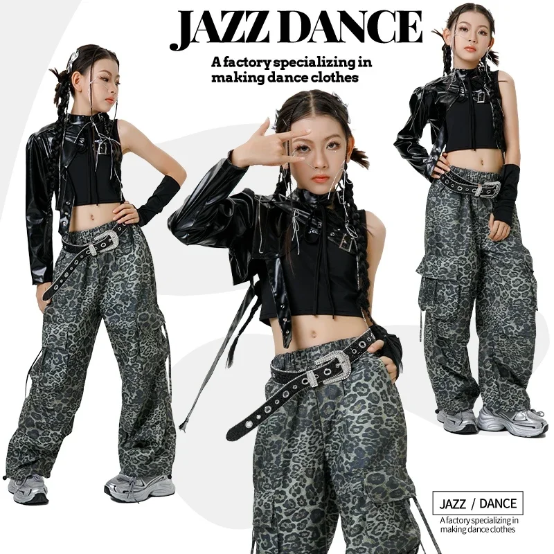 

Black New Kid's Jazz Dance Costumes K POP Dancing Competition Set Hip Hop Street Perform Outfits Show Tops Pants Set XH1700