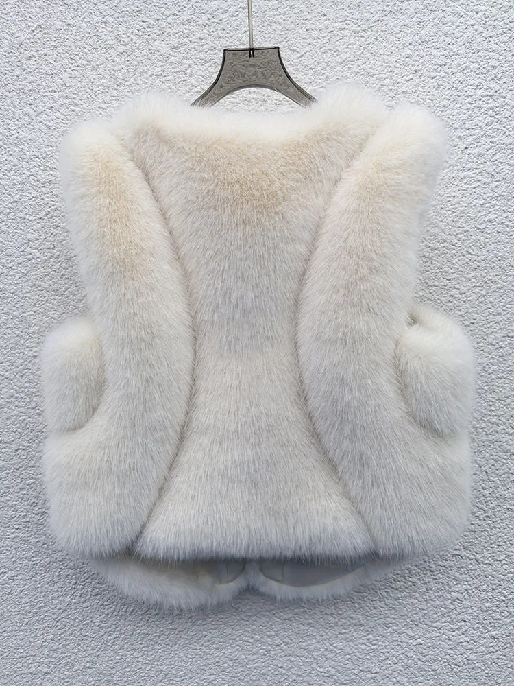 Urban Socialite Exquisite Sleeveless Faux Fur Vest Beige Temperament Elegance Gentle Patchwork Simplicity Dating Commuting Coat