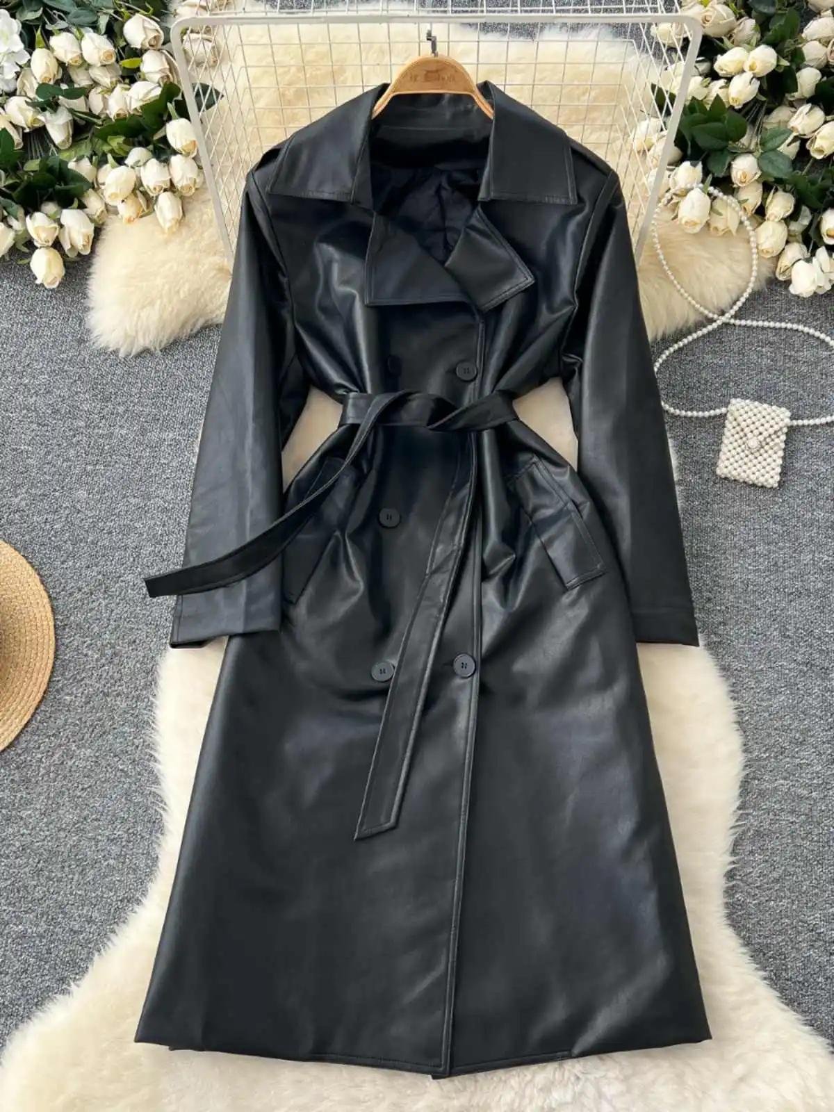 Vintage Leather Trench Coat Women Autumn New Double Breasted Turn-down Collar Long Coats Solid Color Lady Overcoat Streetwear