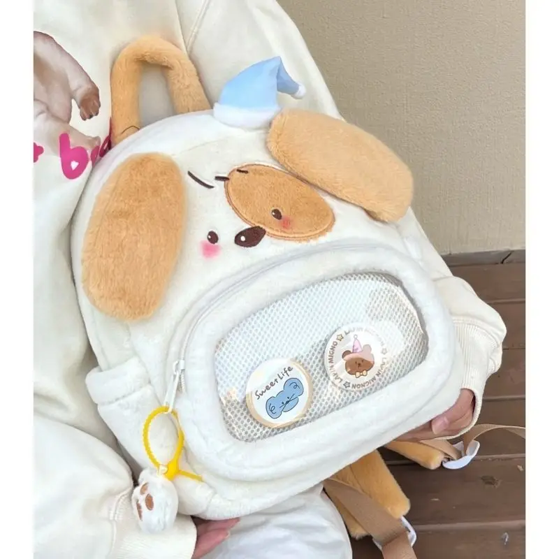 Japanese Cute Sleep Dog Kawaii Soft Plush Ita Bag Women\'s Backpack Schoolbag DIY Badge Storage Bag Travel Bag Kids Backpacks