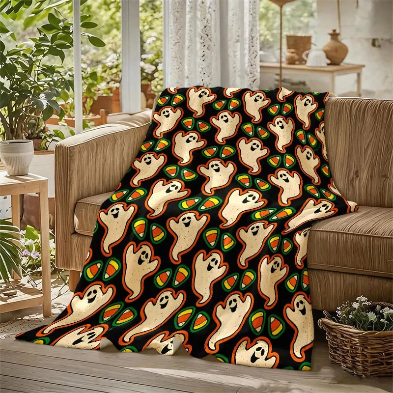 Halloween Ghost Candy Corn Flannel Blanket Warm Soft Halloween Christmas Decorative Couch Warm Cozy All-Season Gift