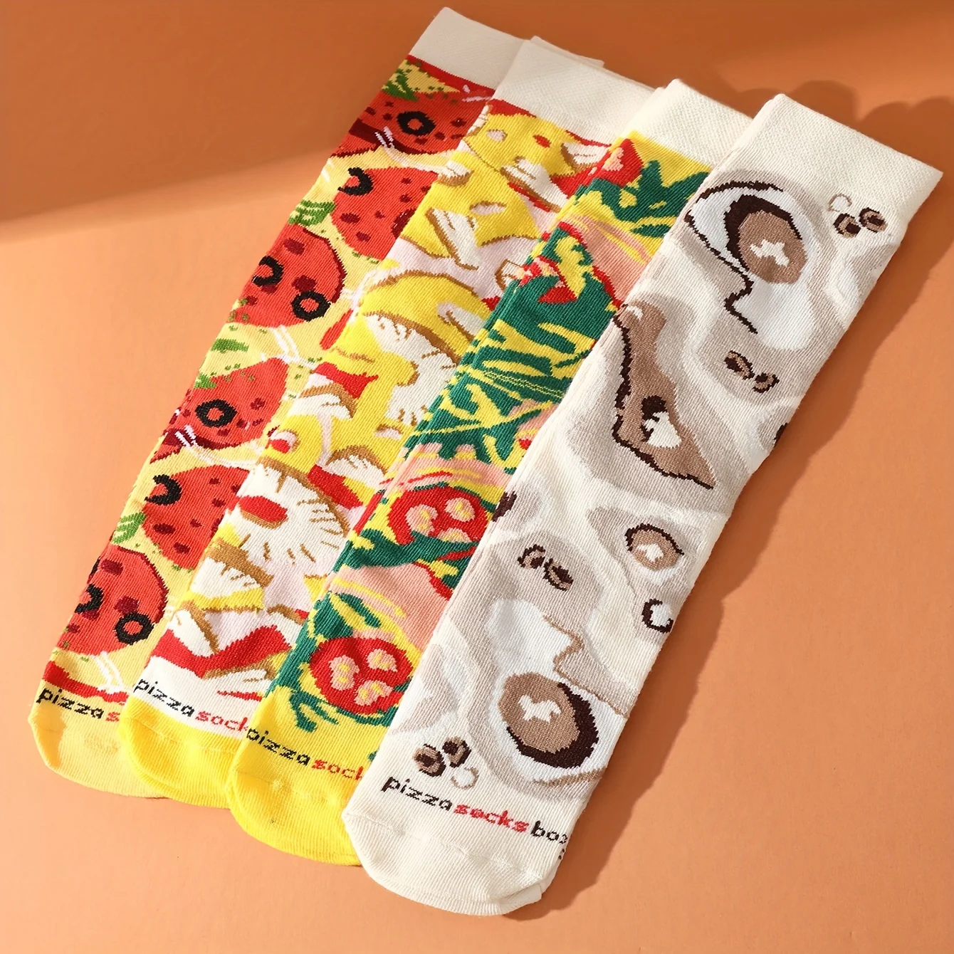 Four pairs of unique and colorful pizza patterns for men and women, gifts for friends on Halloween, socks for all four seasons