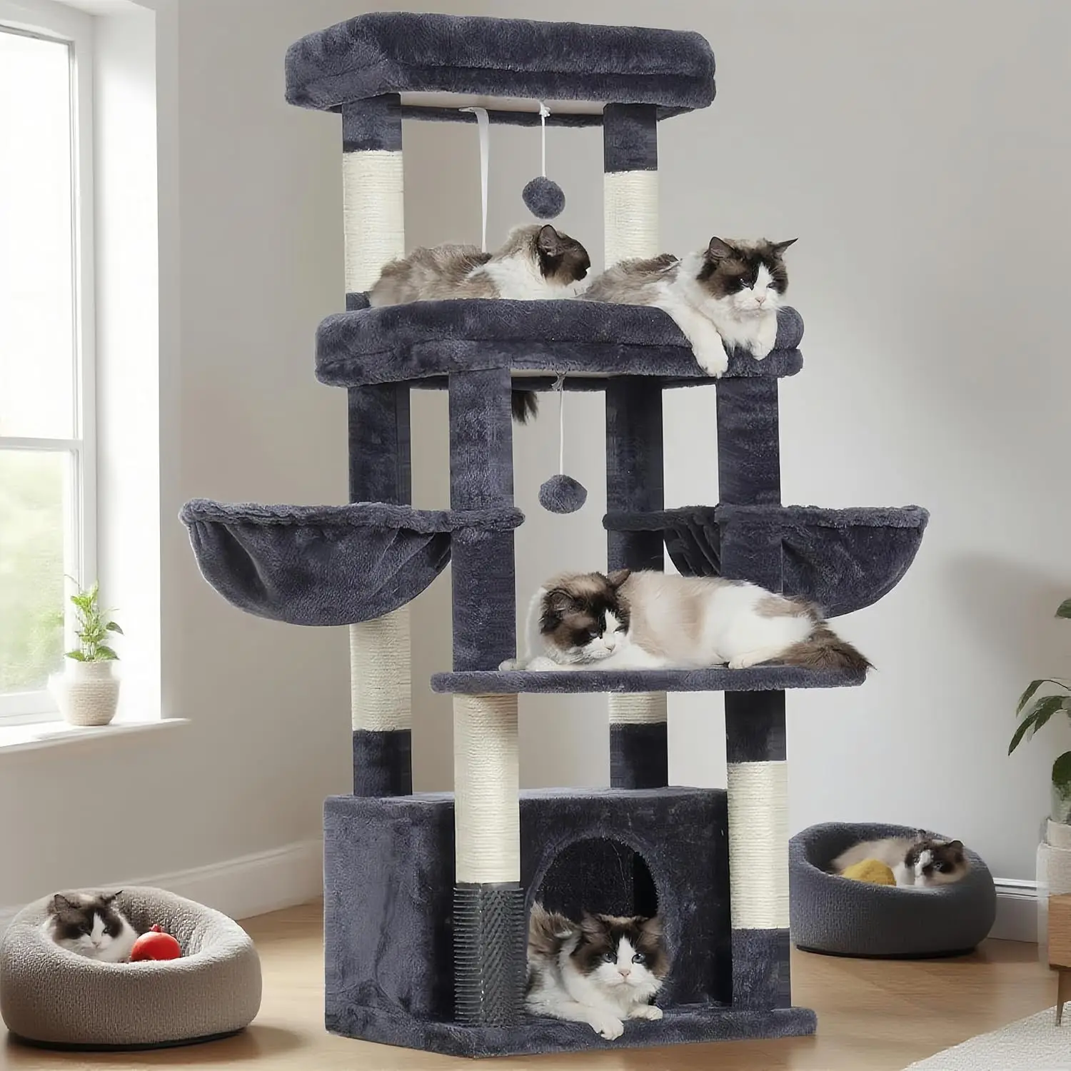 

Large Cat Tree Tower with Extra Wide Platform, Spacious Condo, 2 Hammocks, Self-Grooming Brush for Big Cats, 51.1 Inches, Gray