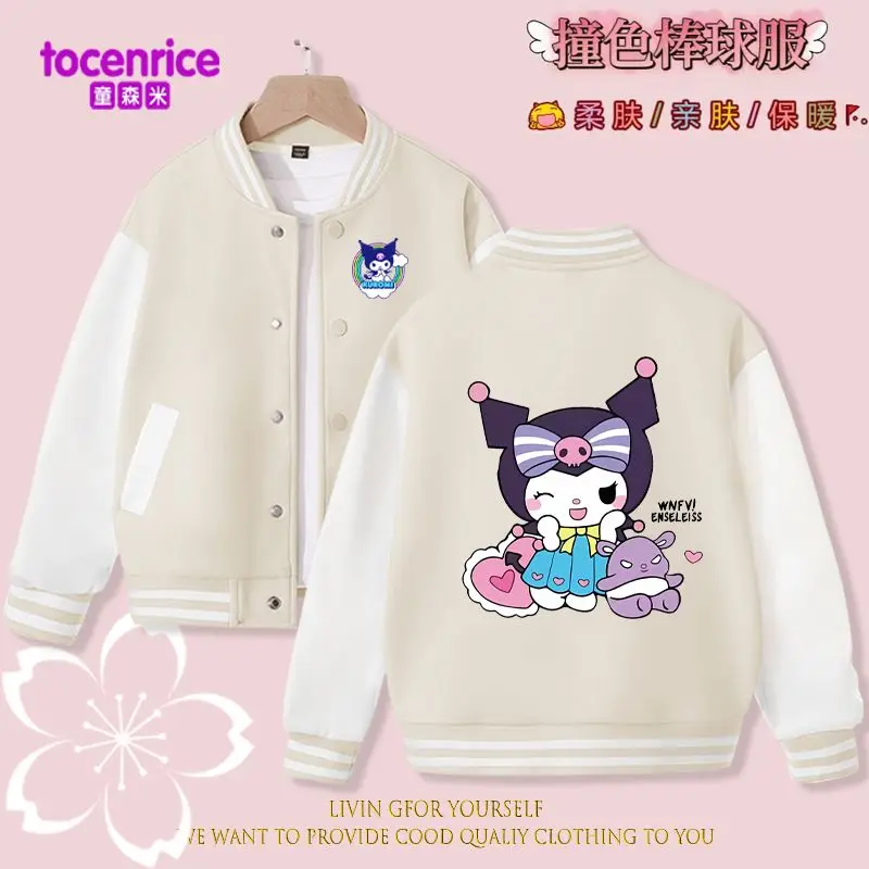 

Милая бейсбольная форма Kuromi Sanrio в возрасте от 2 до 12 лет, подарочные пальто с мультяшным принтом для девочек, кавайная весенне-осенняя куртка, кофты, топы