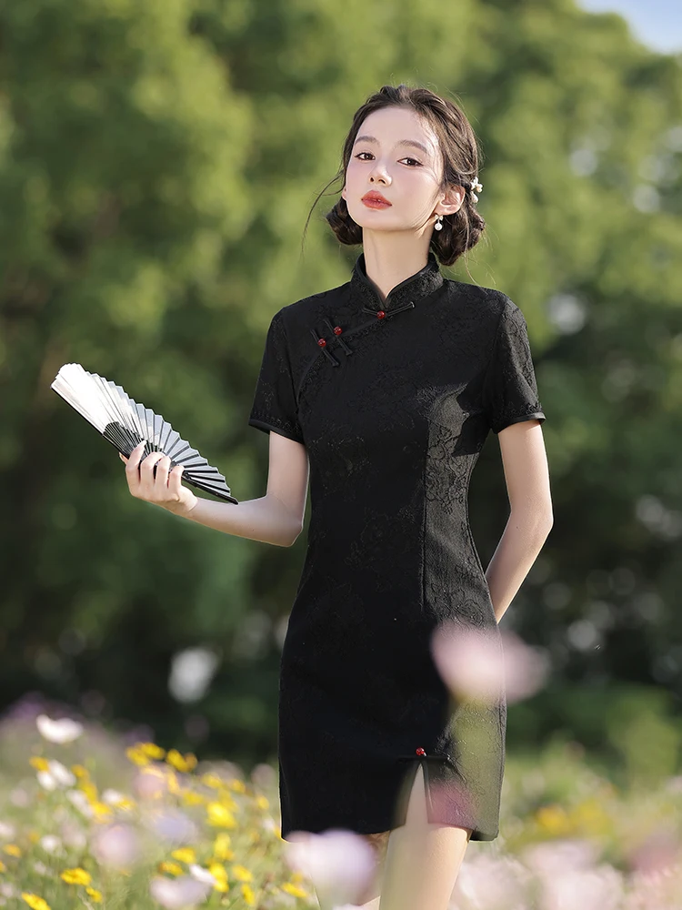 

Retro Sle ort Qipao Dr Lace Young Girl's Dr Summer Faion Korean Brand Han Qian Die Pure Color High Slit