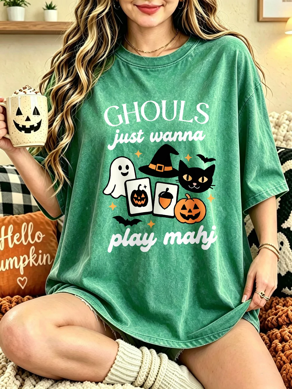 Halloween Ghouls Play Mahj Printed Washed T-Shirts Women Cotton Short Sleeve Tops Street O-Neck Oversize T Shirt Summer Clothes