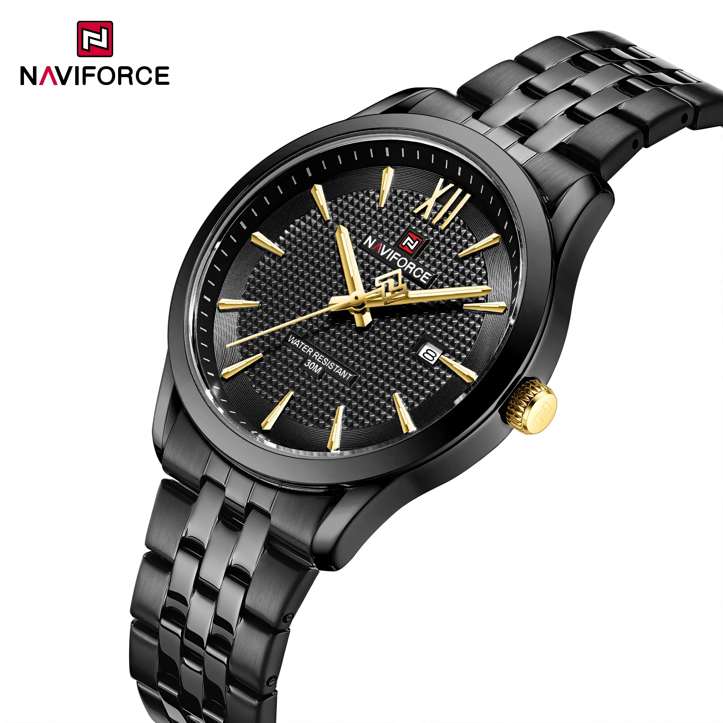 

NAVIFORCE NF9255 Модные мужские кварцевые часы с календарем Светящийся водонепроницаемый стальной ремешок Элегантные деловые часы для мужчин