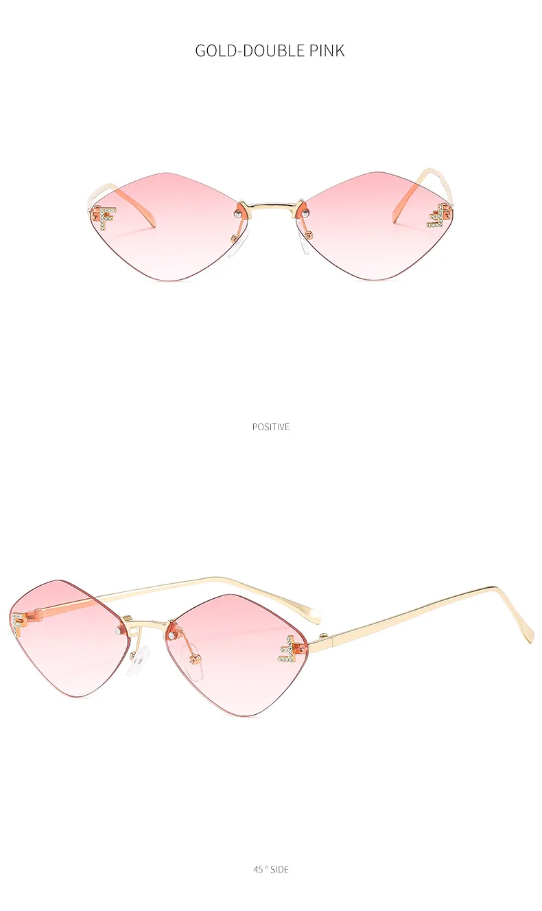 Trendige randlose rautenförmige Sonnenbrille F Damen-Sonnenbrille der Luxusmarke Damen klassische elegante Brillenschirme – Detail 10