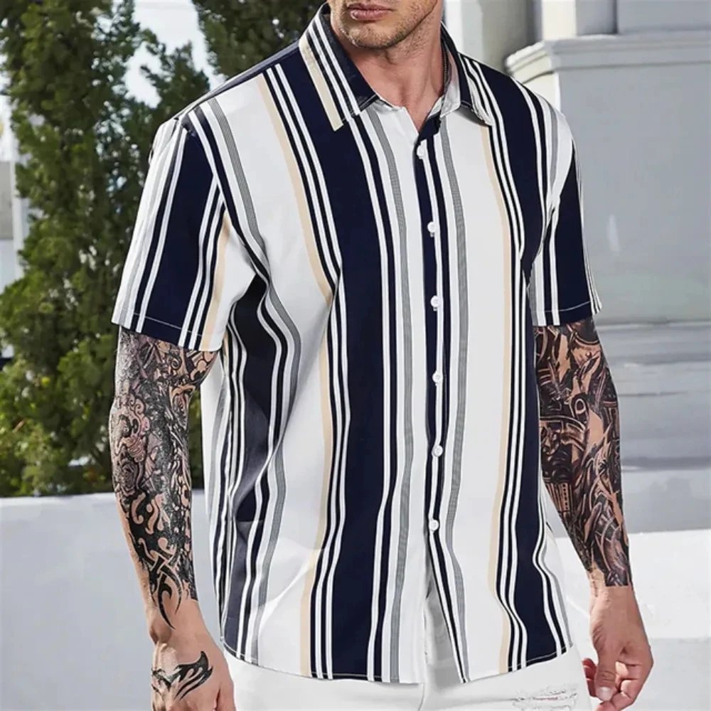 2024 Hawaiian Stripe Fashion Men Shirt Casual Retro Floral Polo Short Sleeve Social Beach Outsize 3D Print Street Wear Summer