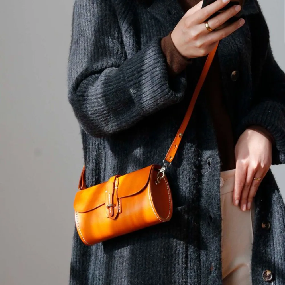 

New Product Hand-sewn Cylinderbagfirst Layer Cowhide Messenger Versatile Simple Leather Retro Shoulder Fashion Women's Bag