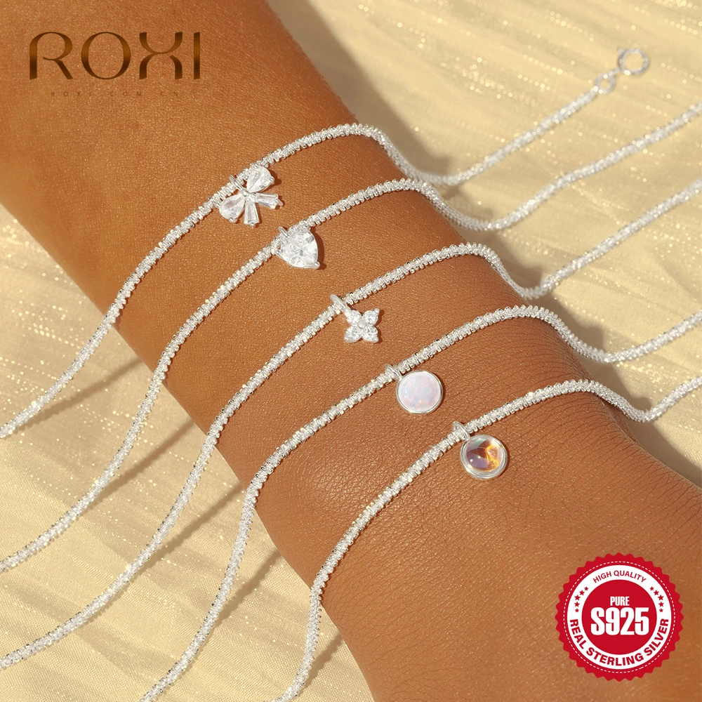 ROXI 925 Sterling Silver Silver Color Flower Water Drop Crystal/Opal/Moonlight Bracelet For Women 20cm Bangle Pulseras Jewelry