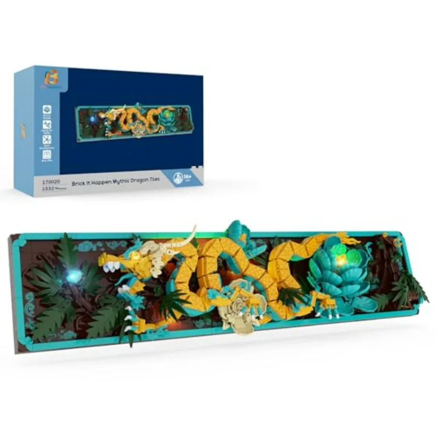 

Mythic Dragon Tiles Building Block Sets for Adult Divine Loong 3D Wall Art Building Toys with LED Lights Flowers 1532 Pcs Drago