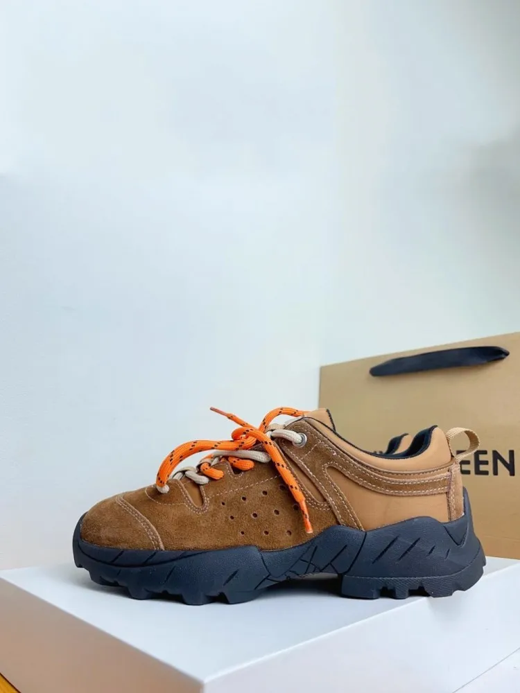 Womens New Lace Up Genuine Leather Vintage Spliced Designer  Running Sneakers Thick Bottom Jogging Sport Shoes Sneakers Trainers