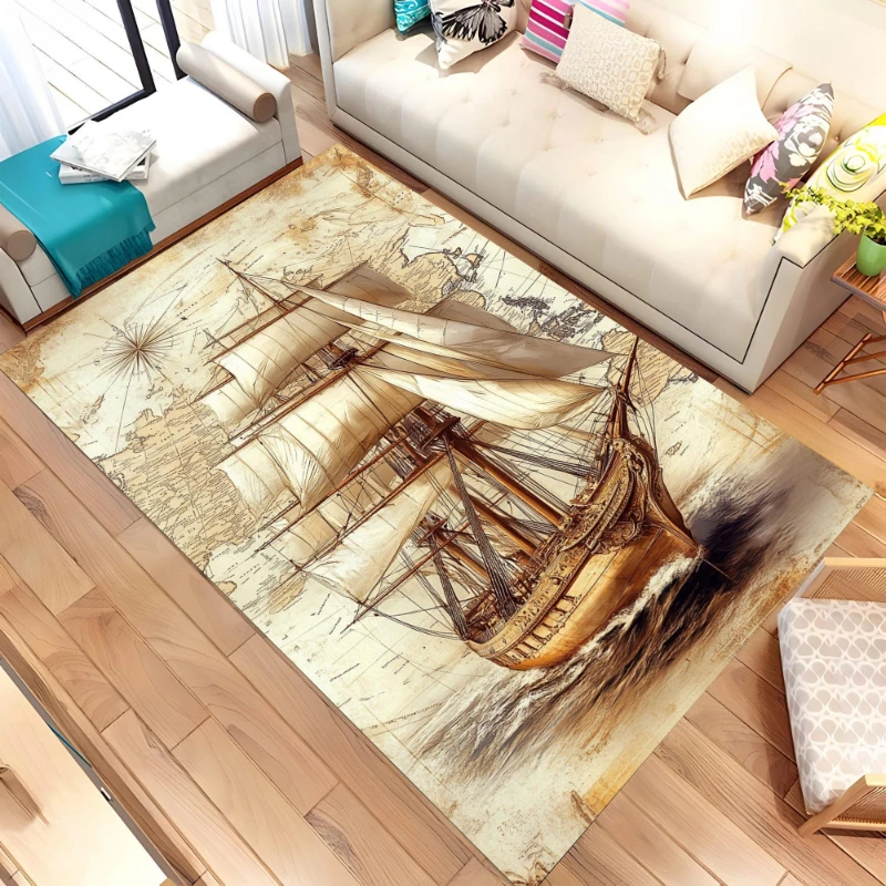 1pc Nautical Sailboat Area Rug Retro Sailing Ship Living Room Rugs Coastal Ocean Decorative Carpet Boat Print Indoor Floor Mat