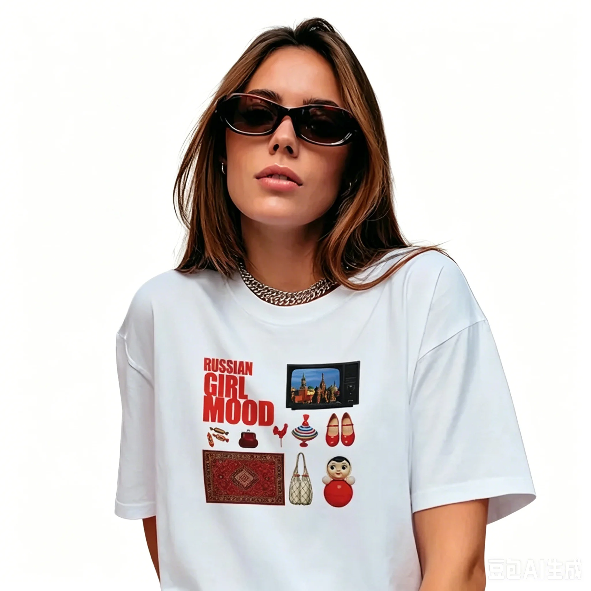 Chic Sweet Soft Cotton T-shirts Vintage European Oversized Tee Russian Girl Mood Matryoshka Nesting Doll Retro TV Collage Print