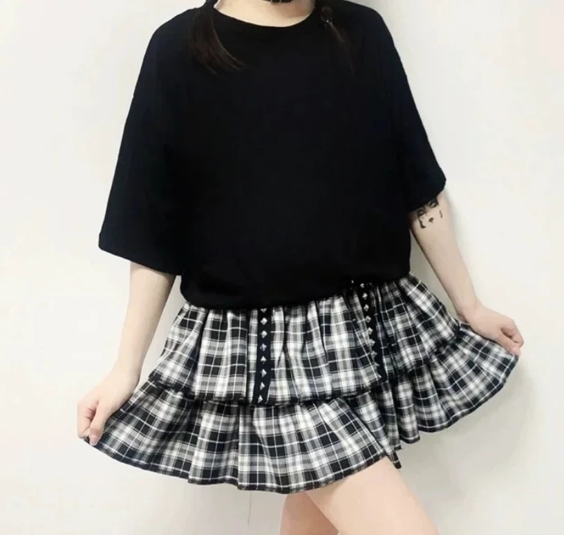Summer Dark Black White Plaid Heavy Rivet Industry Punk Skirt Fashion High Waist Personality Versatile A-line Double Cake Skirts
