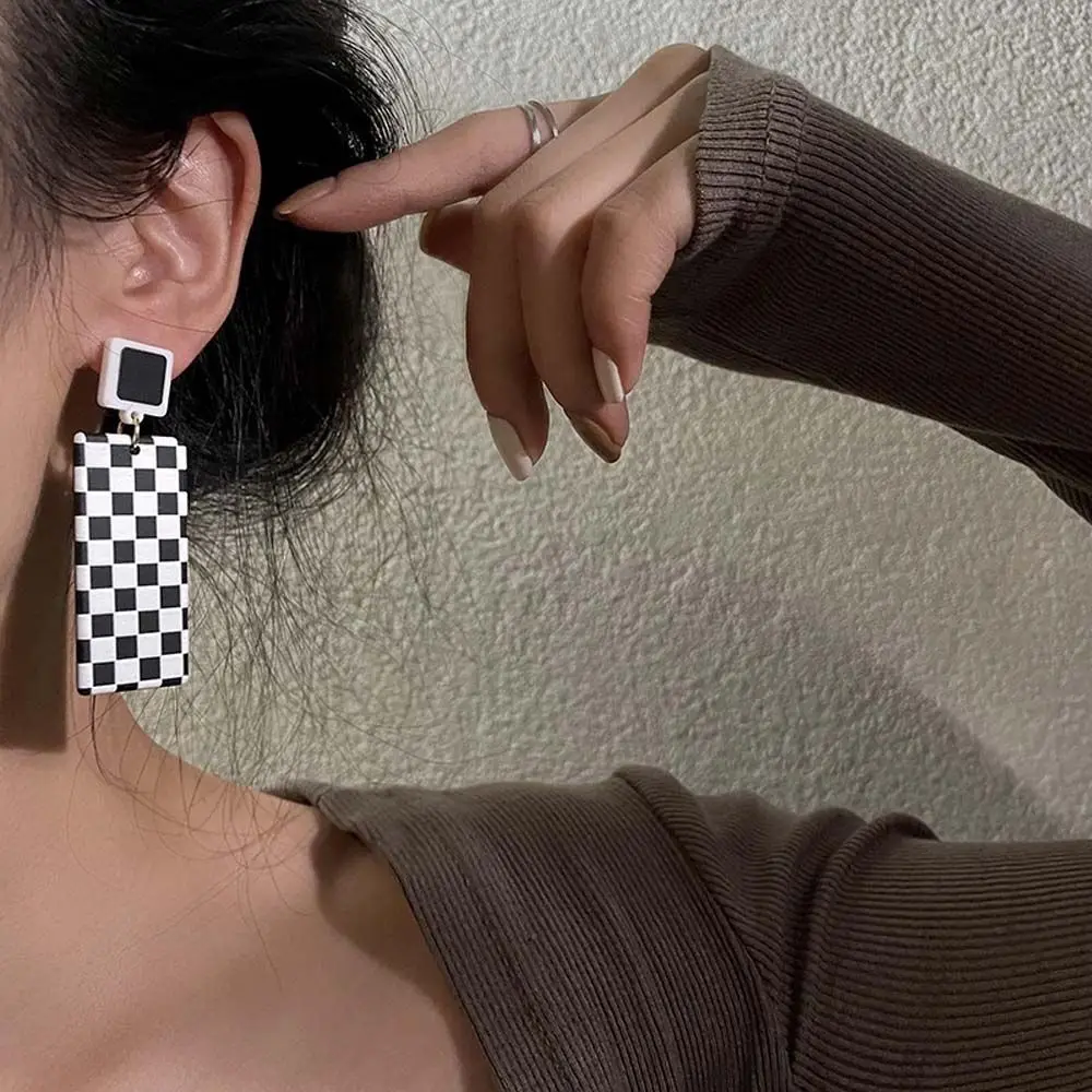 Style Checkerboard Lattice Pattern Rectangle Fashion Jewelry Women Earrings Checkerboard Earrings Ear Studs Dangle Earrings