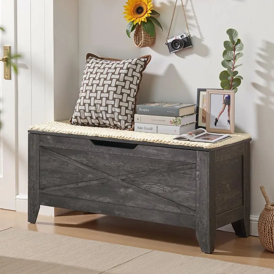 43.3 Storage Chest with Lift Top Storage, Farmhouse Style Ottoman with Handwoven Wicker Cushion, Safety Hinges, Ideal for Entryw