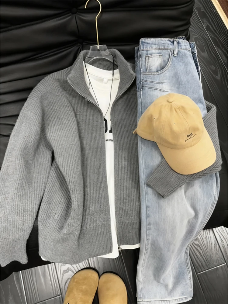 

Мужской кардиган из плотной вязки с воротником-стойкой на молнии, повседневная верхняя одежда, удобный крой, для бизнес-кэжуал стиля