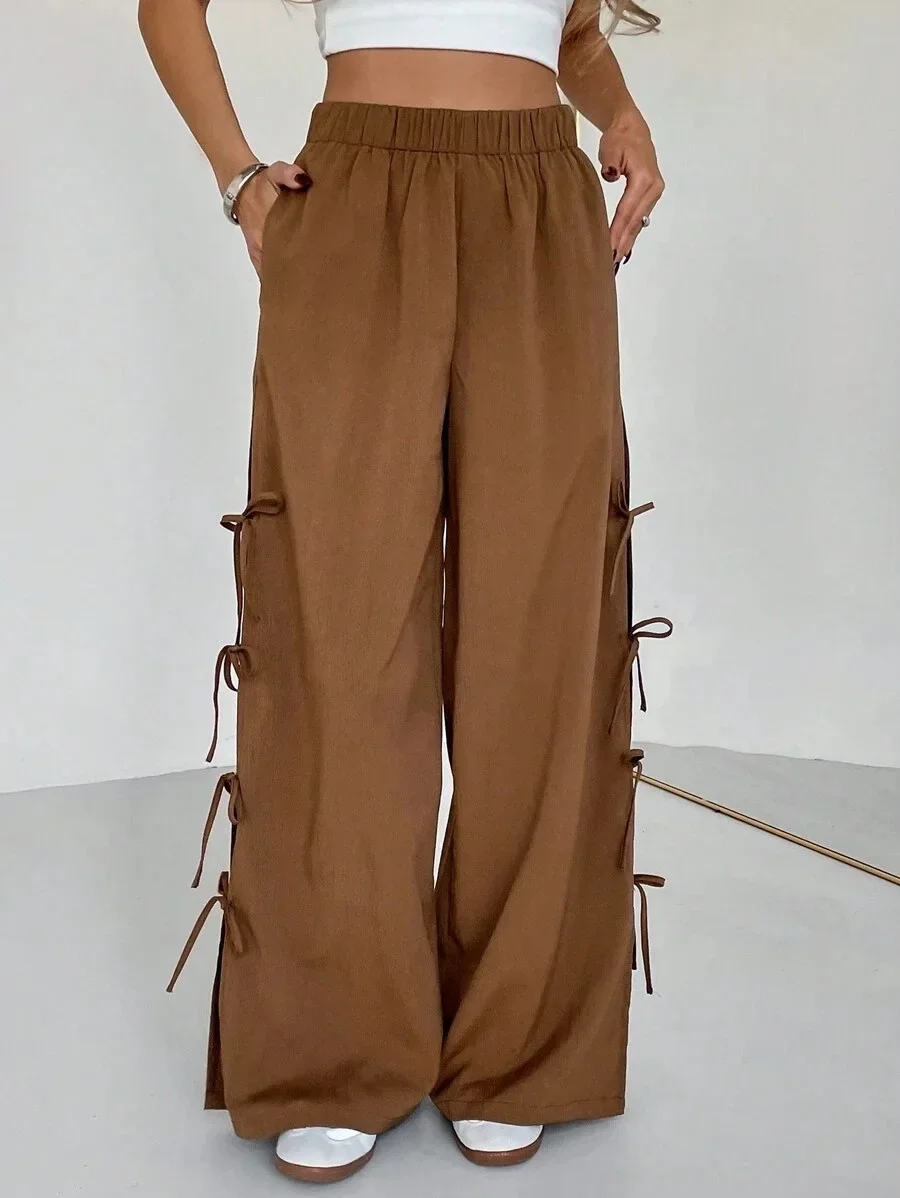 

Solid Brown Wide Leg Pants Autumn Pants for Women's Mid Waist Lace-up Casual Loose Elastic Trousers 2025 Fashion Bottoms