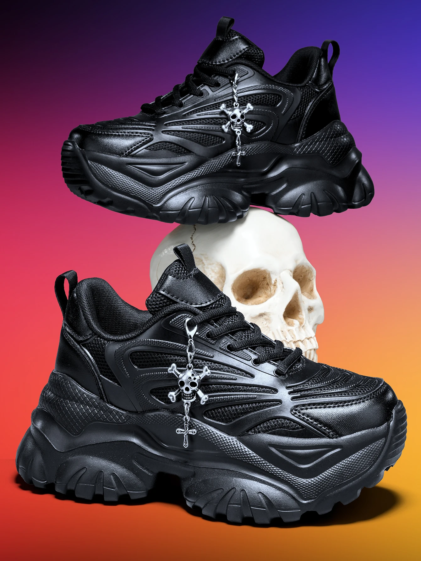 Damen-Outdoor-Allwetter-Modische Dad-Schuhe, Eva-Leichtgewicht-Sneaker mit dicker Sohle und 7 cm Absatzhöhe, orangefarbene Sportschuhe mit abnehmbarem silbernen Kreuz- und Totenkopf-Anhänger im Halloween-Punk-Stil, vielseitig einsetzbar für den täglichen Arbeitsweg und Fitness – Detail 12