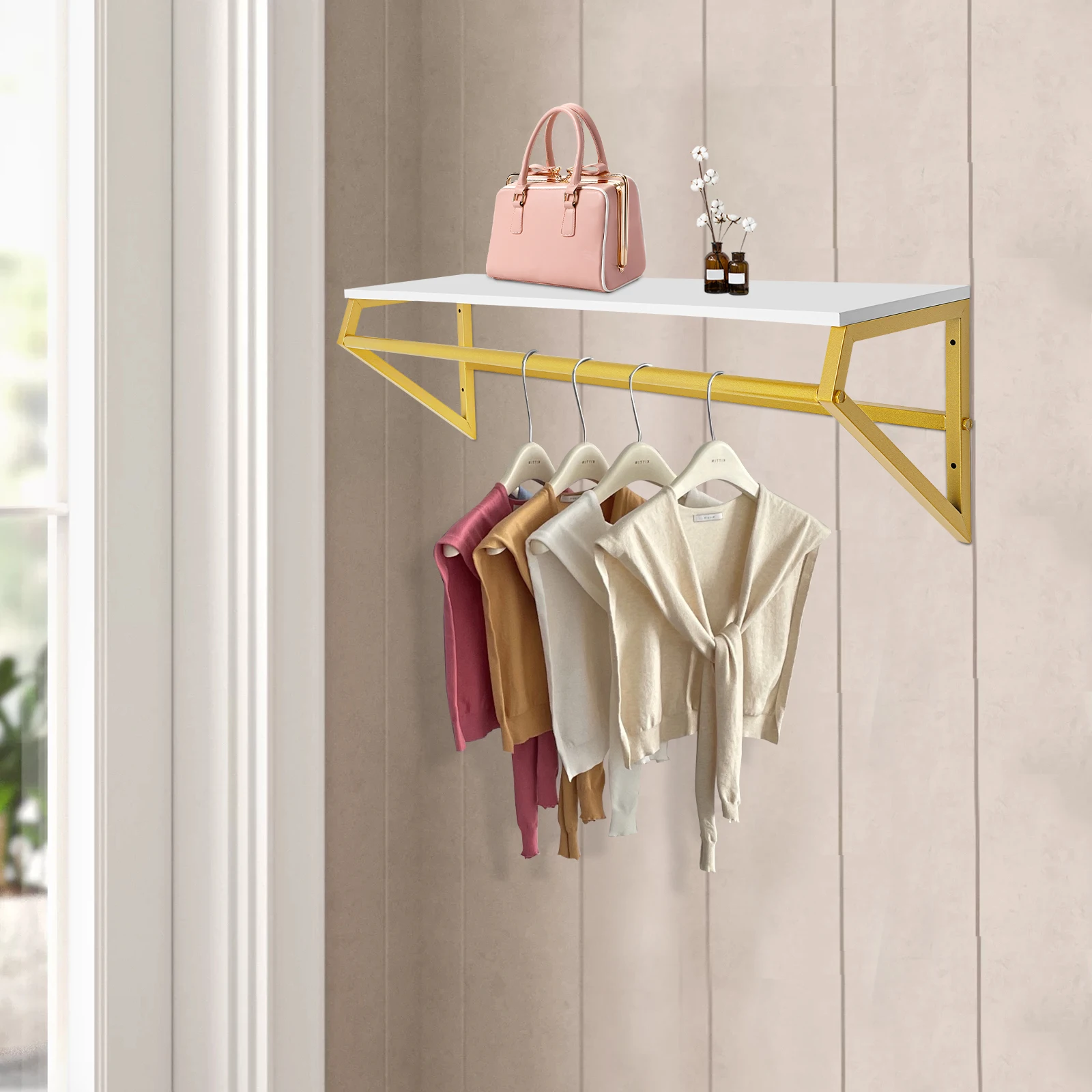 

66.14lbs Large Capacity Wall Mounted Clothes Rack with Top Shelf and Pre-drilled Holes for Clothing Stores, Cloakrooms, Bedrooms
