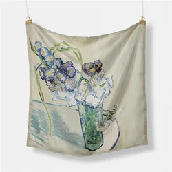 Oil Painting Silk Scarf Fashion Flower Design Women Scarf Wraps 53cm Square Scarves Hijab Head Scarf Neckerchief