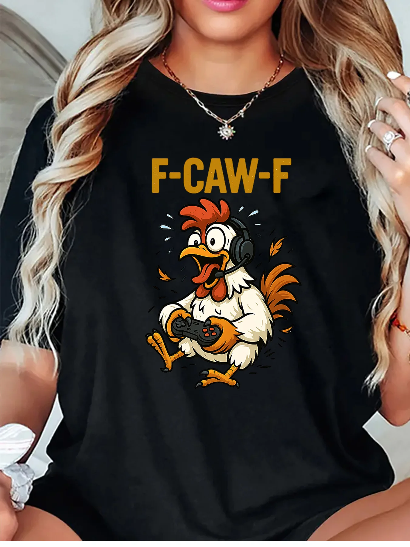 F Caw F Funny Gaming Rooster Headset Controller Graphic Womens T Shirt Short Sleeve Crew Neck Daily Casual Ladies Tee Tops