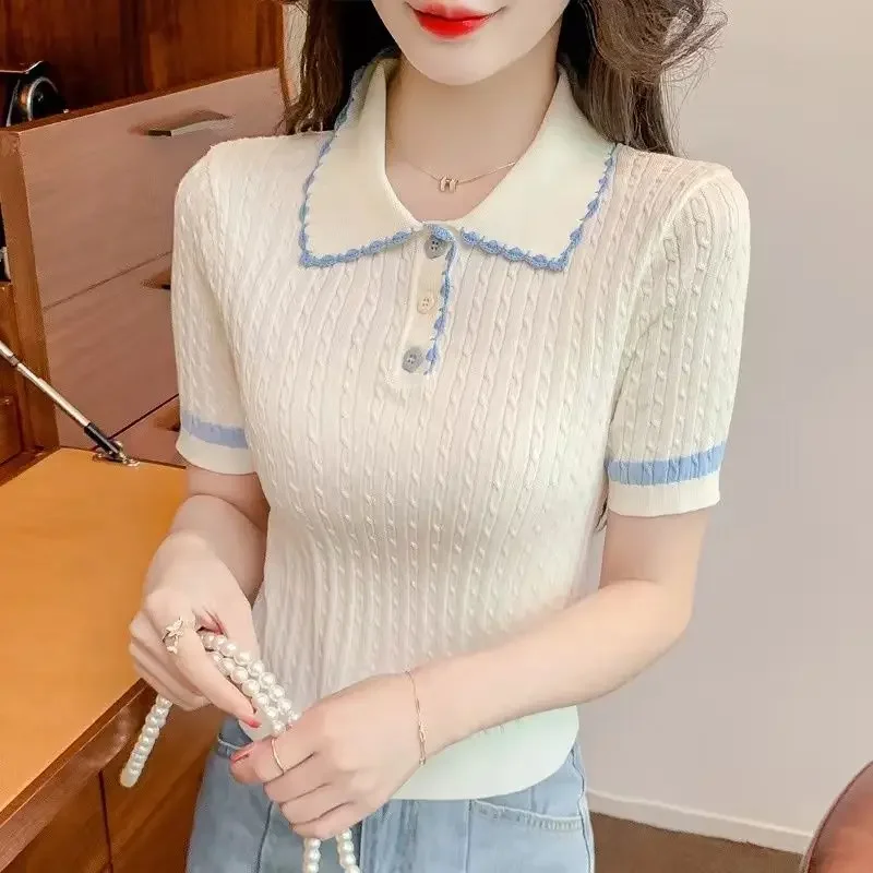 여성용 아이스 실크 폴로 셔츠, 골프 반팔 니트웨어 티셔츠, 얇고 달콤한 슬림 짧은 니트 상의, 버튼 패치워크 티, 시크한 여름