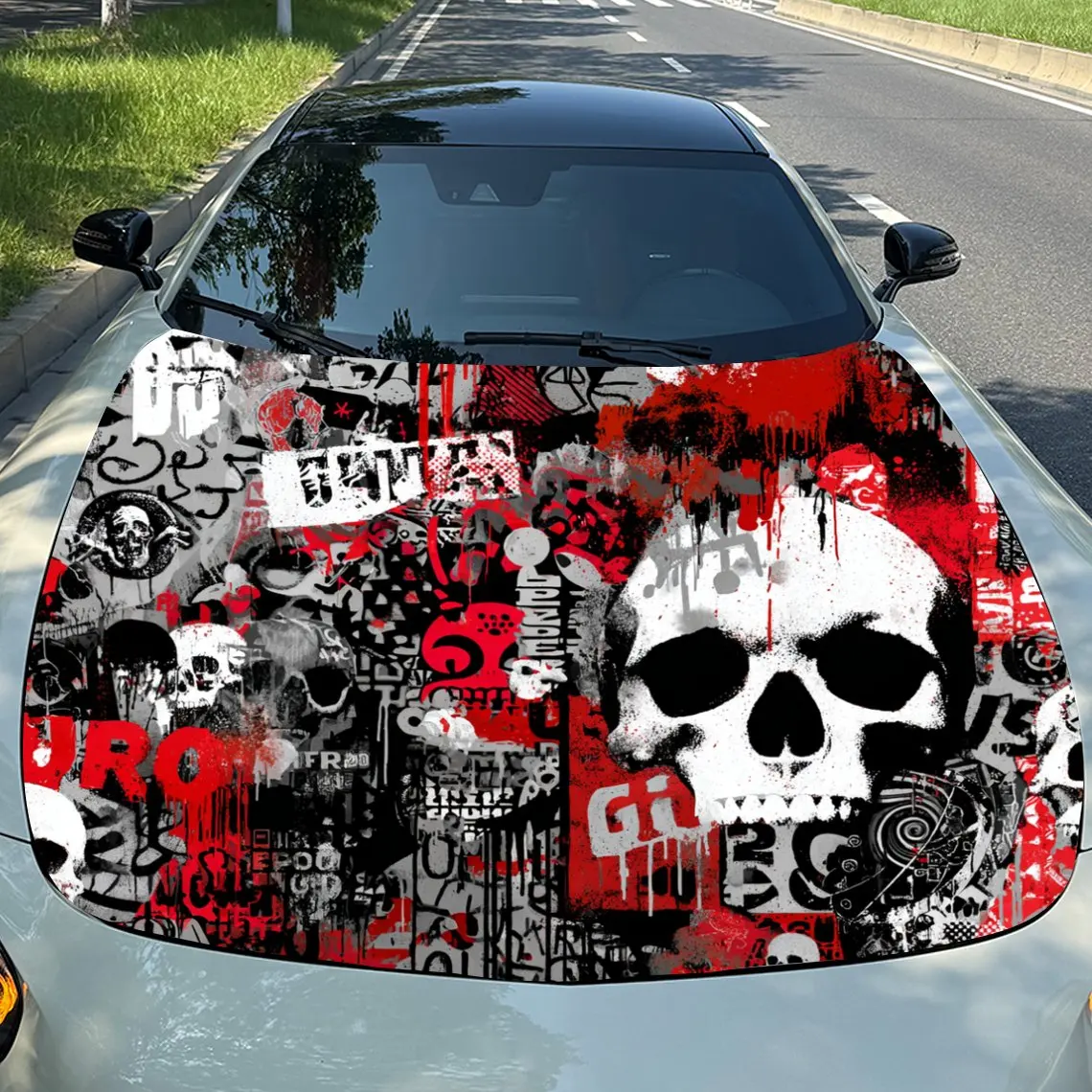 

Red Graffiti Skull Pattern Car Hood Decal Sticker - Durable PVC Vinyl Wrap For Most Vehicles, Engine Hood Protective Film Gift F