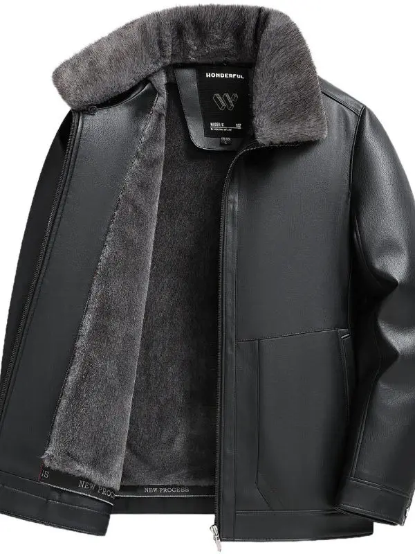 

Thiened Fce Winter Leather Jaet for Middle-Aged And ly Warmth Anti-Cold Dad Sle Outerwear Stand Fit Casual F...