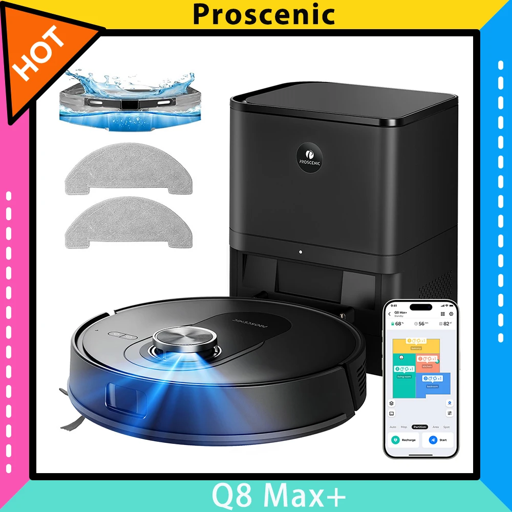 Aspirateur et vadrouille robot Proscenic Q8 Max+, aspiration 8000 Pa, autonomie 200 minutes, batterie 3200 mAh, vide automatique de 60 jours, sac à poussière 3 L, navigation LDS LiDAR, cartographie multi-étages, application et commande vocale Aspirateur et vadrouille robot Proscenic Q8 Max+, aspiration 8000 Pa, autonomie 200 minutes, batterie 3200 mAh, vide automatique de 60 jours, sac à poussière 3 L, navigation LDS LiDAR, cartographie multi-étages, application et commande vocale