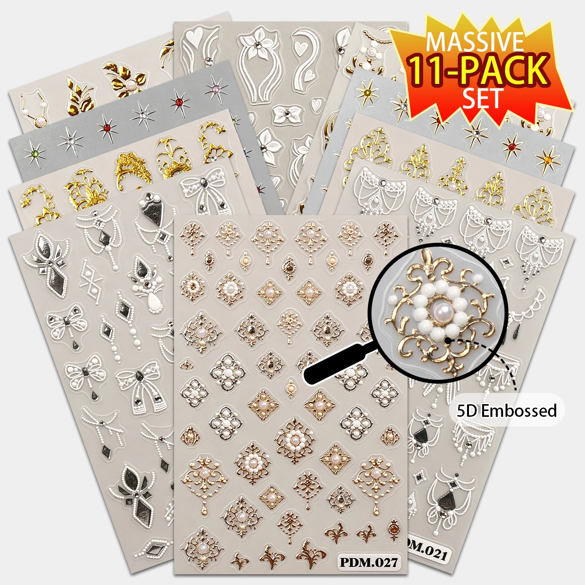 

11 5D relief Baroque gold and silver nail art stickers, lace flowers, stars, pearls, luxurious style, wedding, music festival,